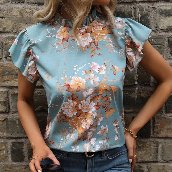 Tops - 042 Boho Floral Print Butterfly Sleeve Blouse